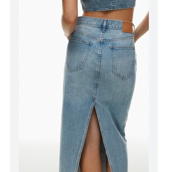 NWT Aritzia Denim Forum ’90s High Rise Pencil Maxi Jean Skirt Slit Blue Size 27 - Picture 2 of 10